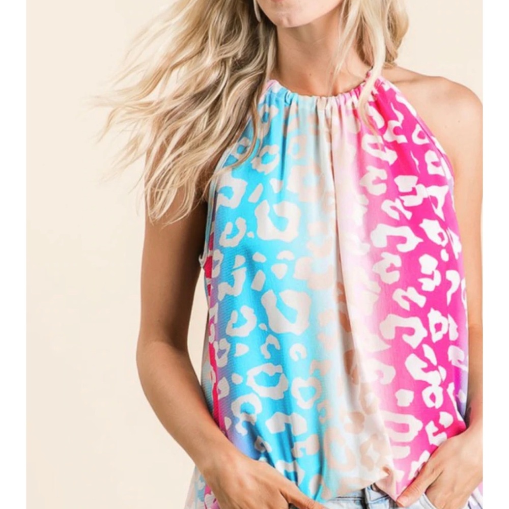 Bibi halter tank pink aqua leopard xl NWOT